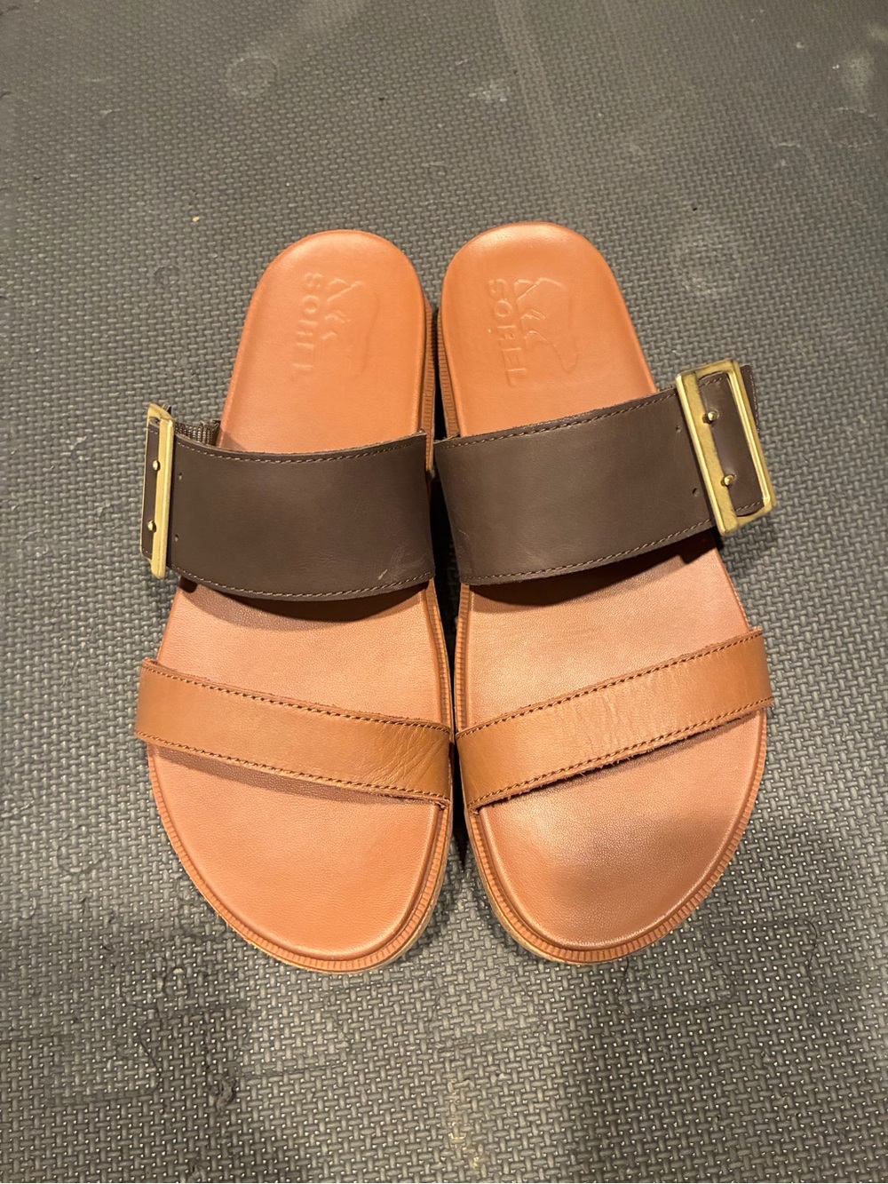 Women’s Sorel Two-Tone Brown Leather Slide Sandals